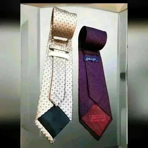 Bundle of 2 silk ties, 1 by Michael Kors in tan and blue, and maroon by Versa - Picture 2 of 2